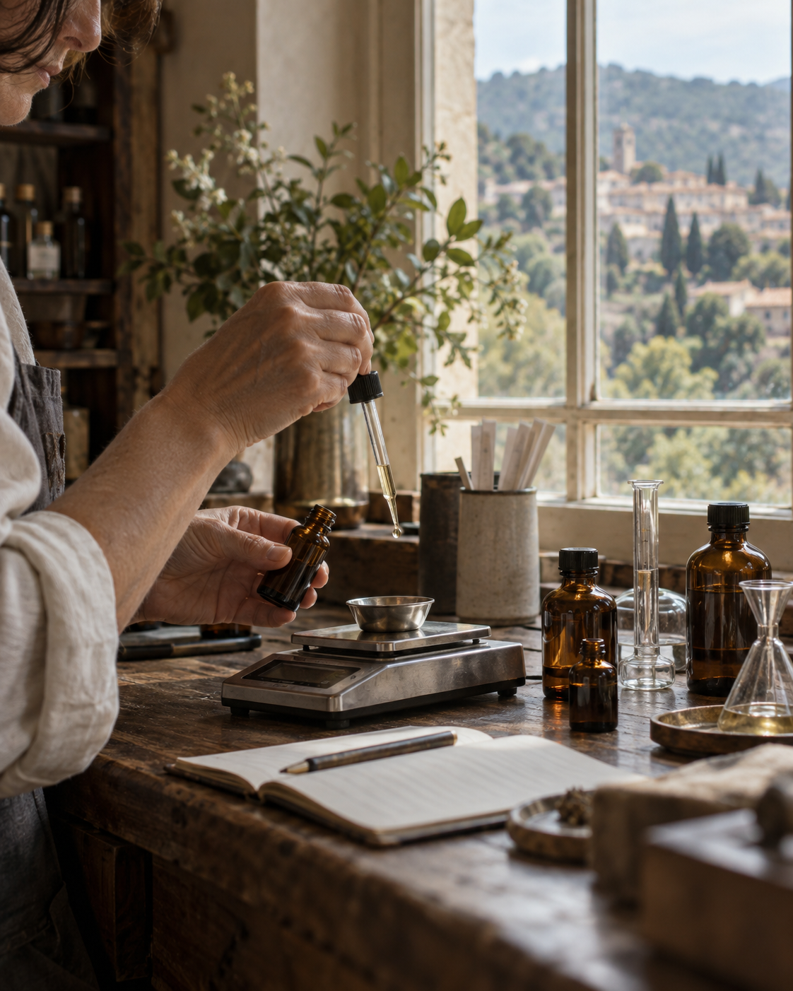 Detail of perfume craftsmanship, bottles and blotters.