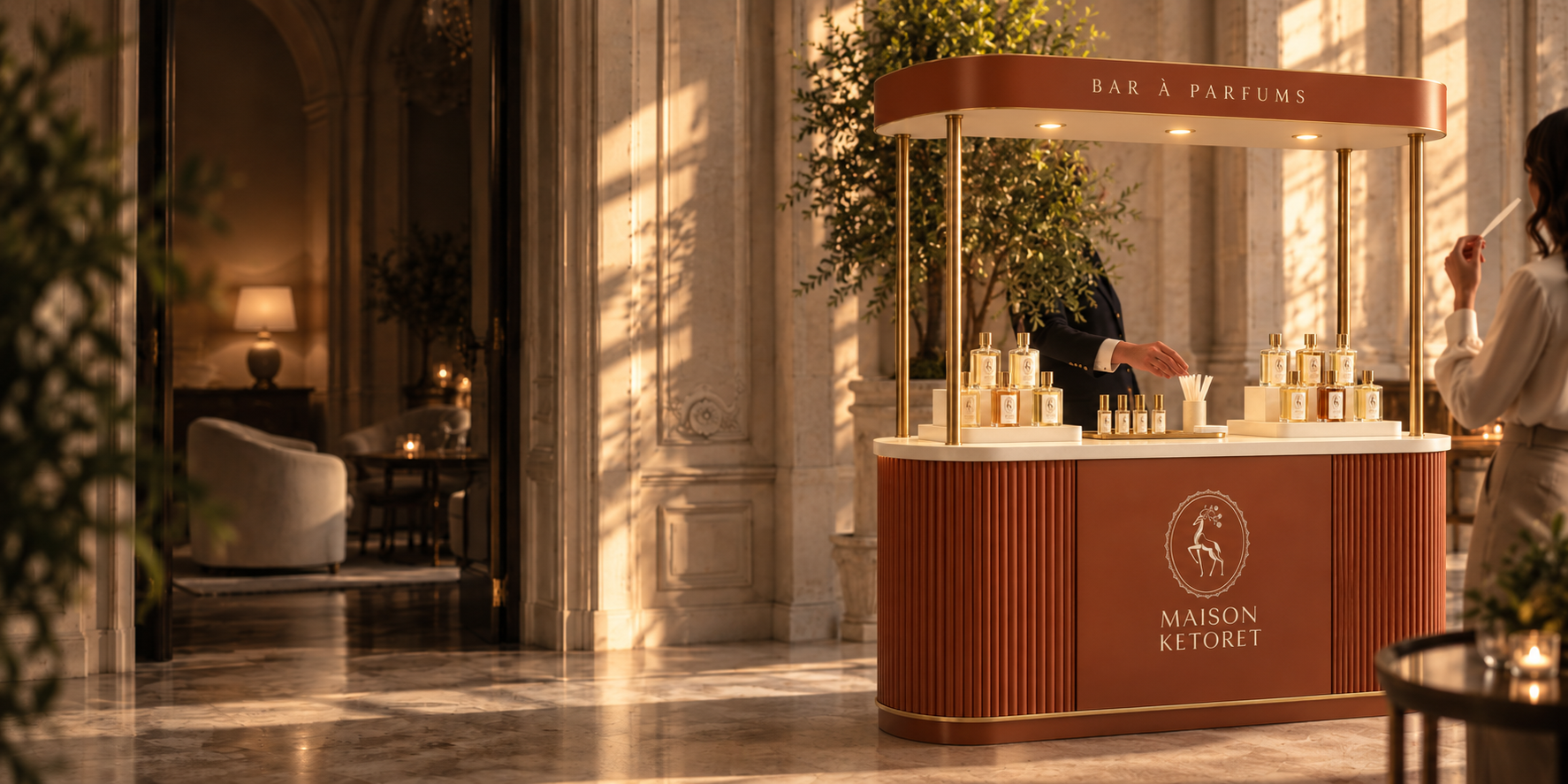 The Maison Ketoret perfume bar at a reception, in warm light.