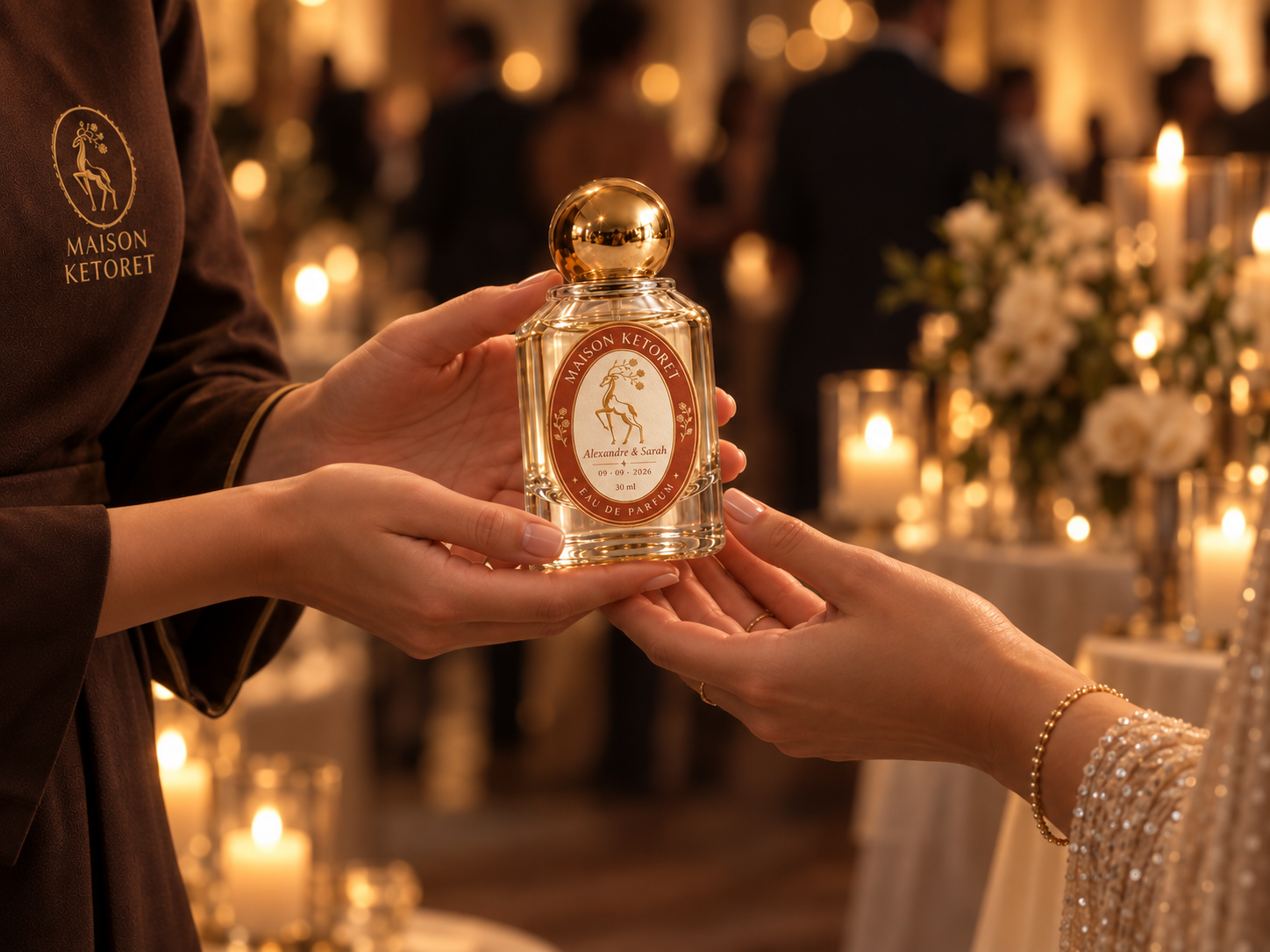 A personalised Maison Ketoret bottle presented to a guest.