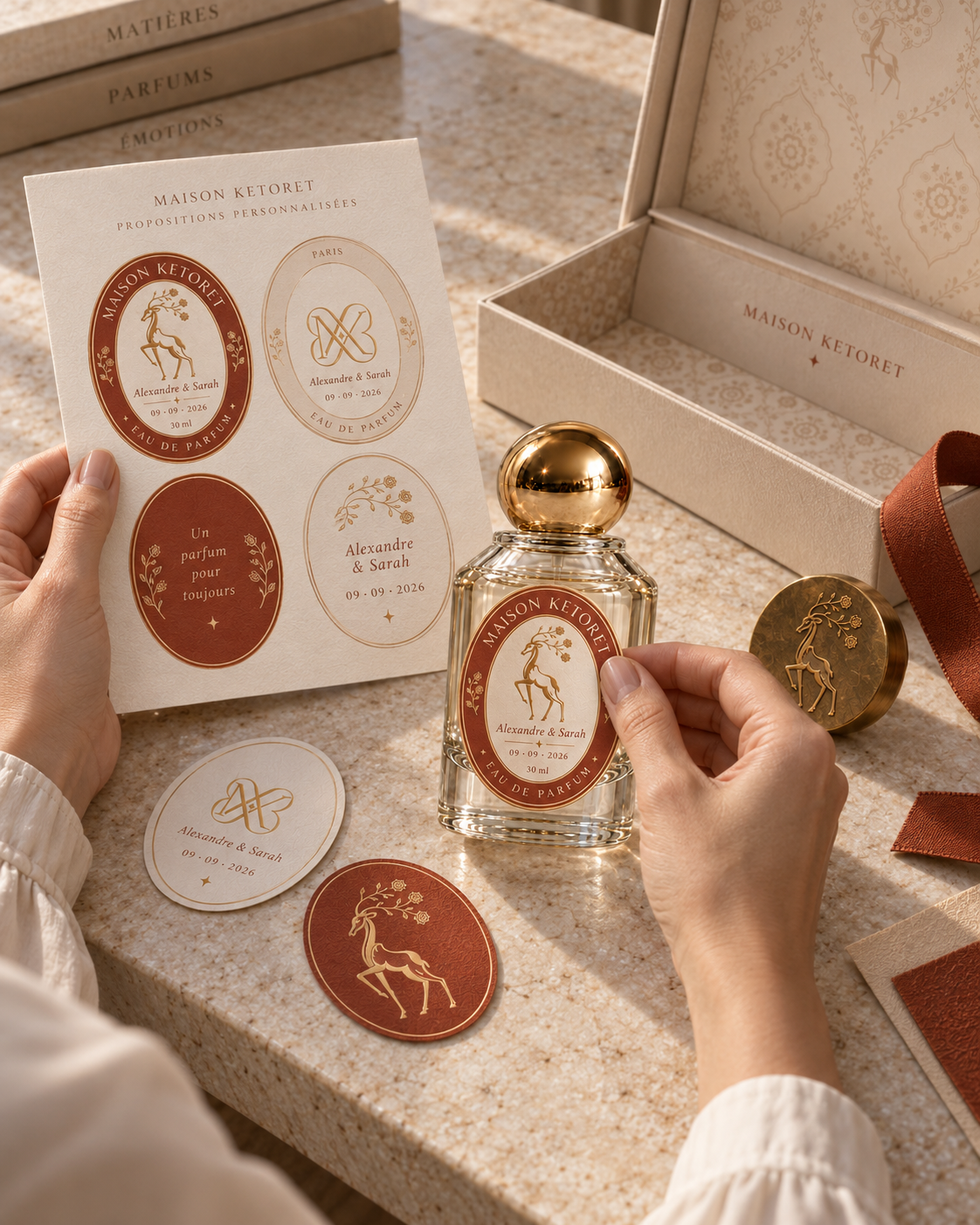 Detail of a Maison Ketoret bottle with a personalised event label.